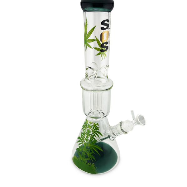SOS Glass - Beaker (w/Single Palm Tree Perc Leaves & Logo) - 14"