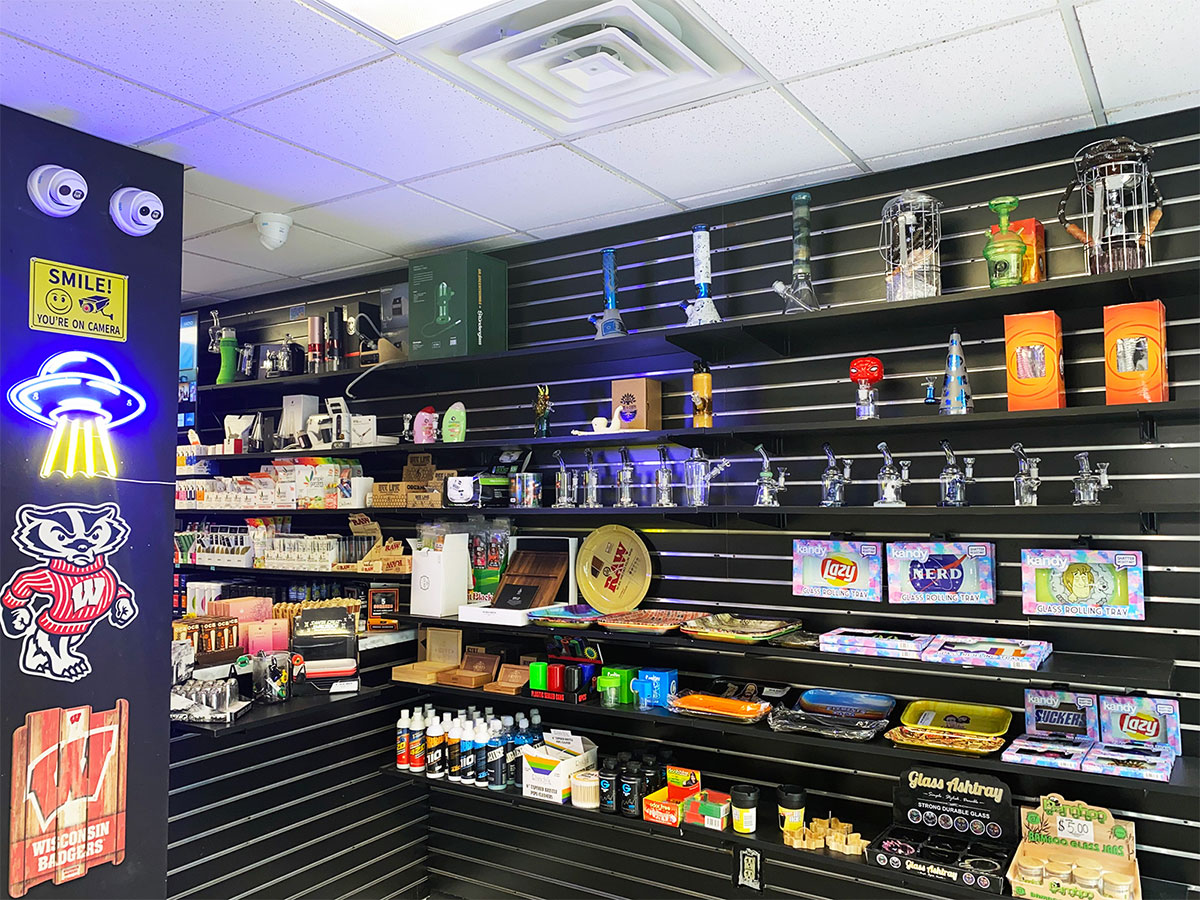 Wall displays with smoking accessories at our Schenk-Atwood, Madison head shop and tobacco store.