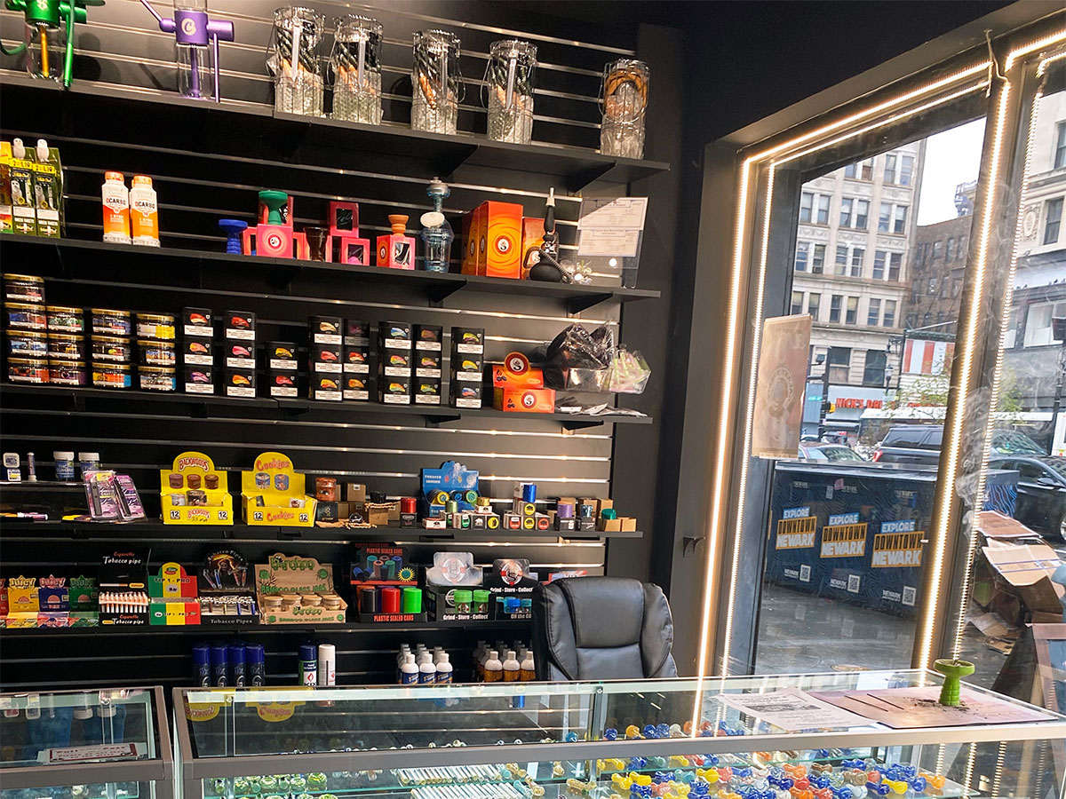 A product display of smoking accessories and more at our smoke shop near University Heights, Newark, New Jersey.